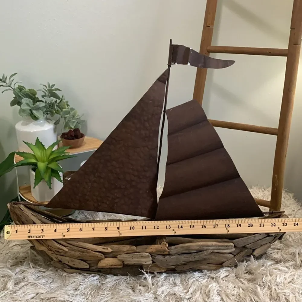 Driftwood And Metal‎ Sailboat Piece For Costal Beach Cabin Decor
